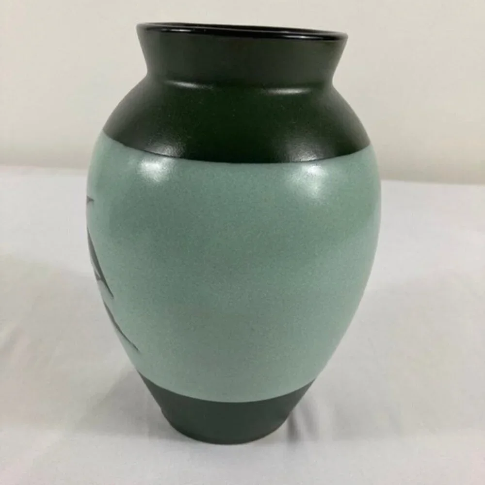 Vintage Japanese Ceramic Vase Bamboo Leaves Raised‎ Glaze